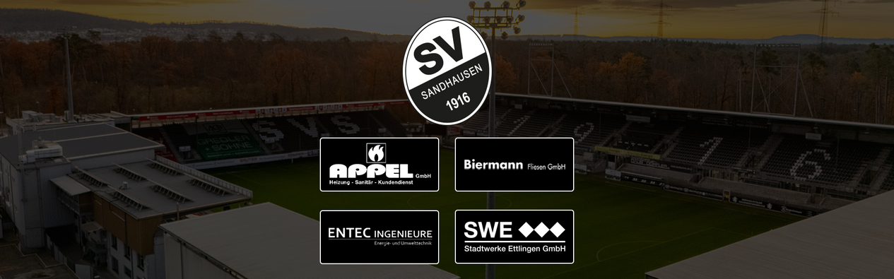 Die Appel GmbH, die Stadtwerke Ettlingen, Biermann Fliesen sowie das Ingenieurbüro Entec setzen ihr Engagement fort und bleiben als wichtige Partner ein Teil der SVS-Familie, das Bild zeigt die vier Logos gemeinsam mit dem SVS-Logo vor einer abgedunkelten Aufnahme des Stadions am Hardtwald