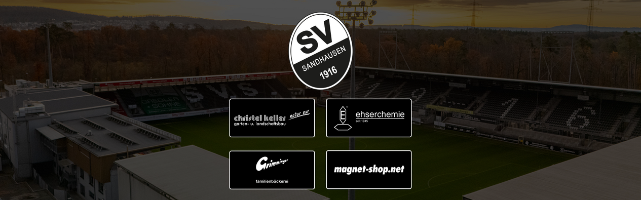 Magnet-Shop.net, die Bäckerei Grimminger, Ehserchemie sowie die Firma Keller aus Bühlertal setzen ihr Engagement fort und bleiben als wichtige Partner ein Teil der SVS-Familie, das Bild zeigt die vier Logos gemeinsam mit dem SVS-Logo vor einer abgedunkelten Aufnahme des Stadions am Hardtwald